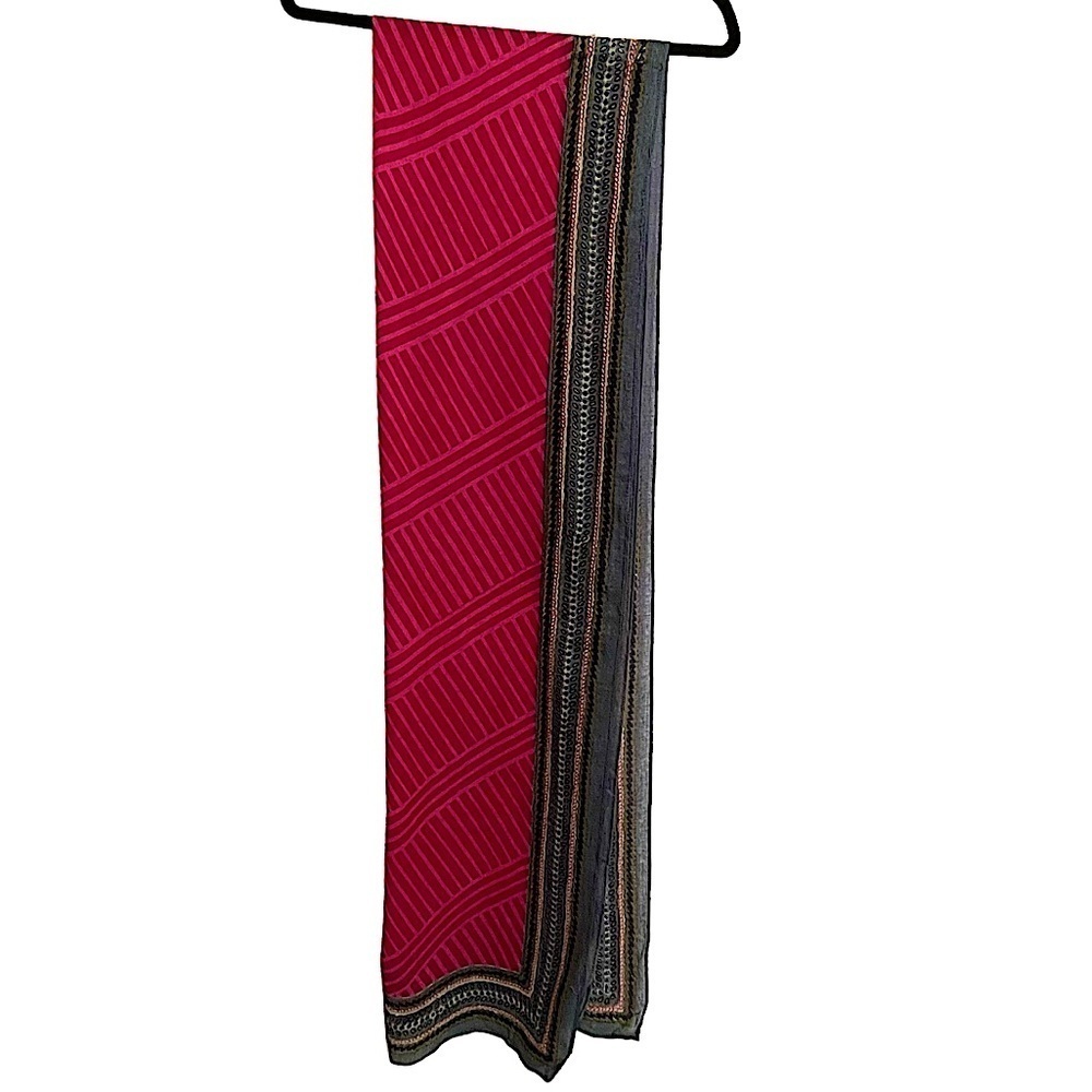 Hot Pink Geometric Print Scarf Gray Khaki Black Trim Wool Blend Rectangular
